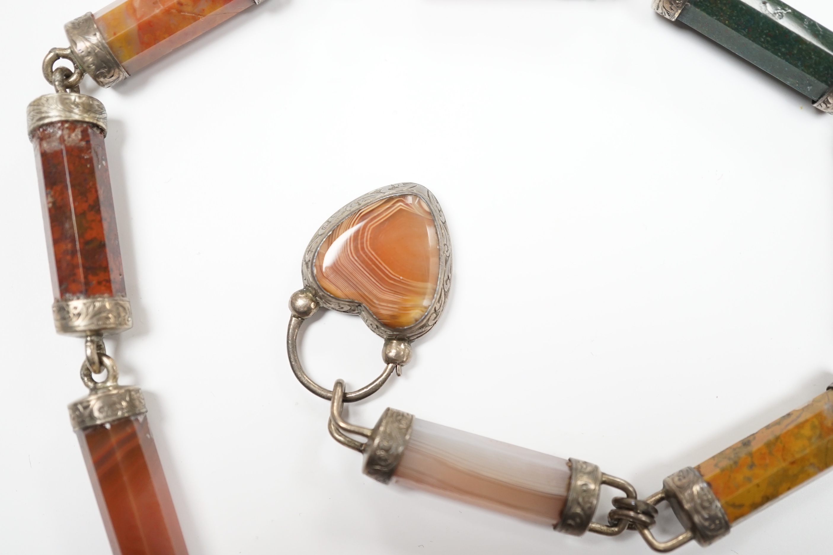 A white metal and Scottish hardstone set necklace, 45cm.